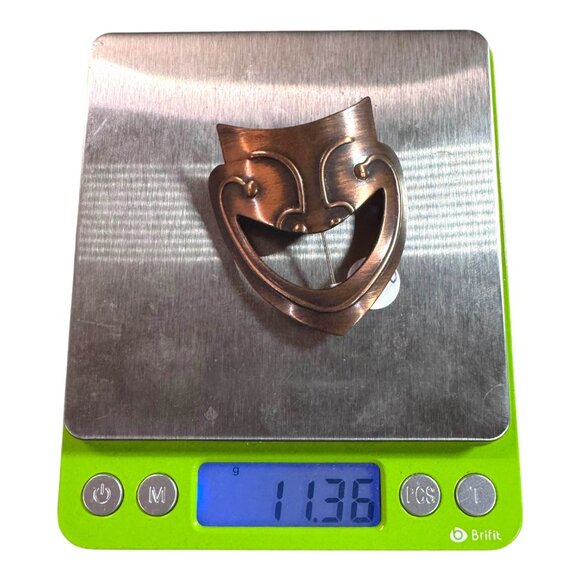 1950s Signed Rebajes Modernist Copper Comedy Mask Brooch MCM Drama Face Theatre - Picture 5 of 5